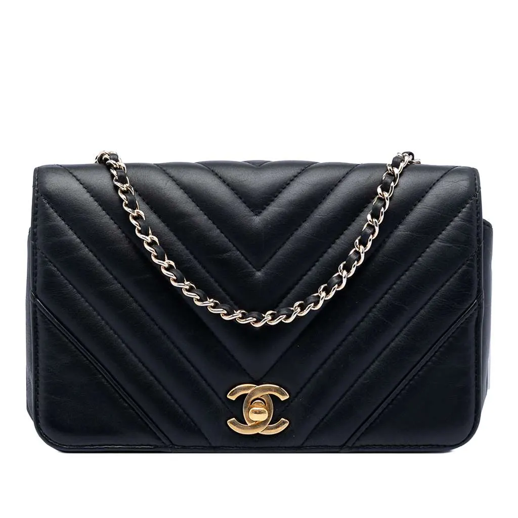 Chanel Mini Chevron Calfskin Statement Flap Black Leather Very good - Front View