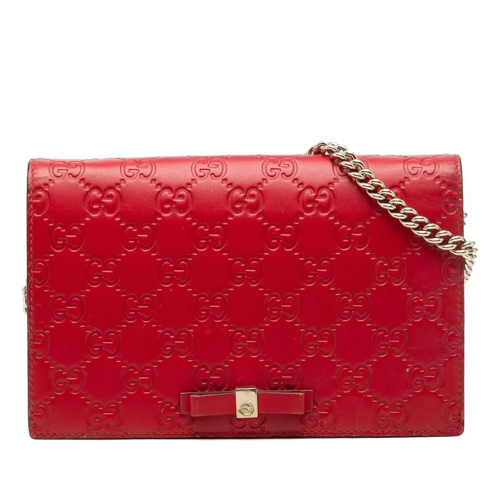 Gucci Mini Guccissima Bow Signature Wallet On Chain Red Leather Very good - Front View