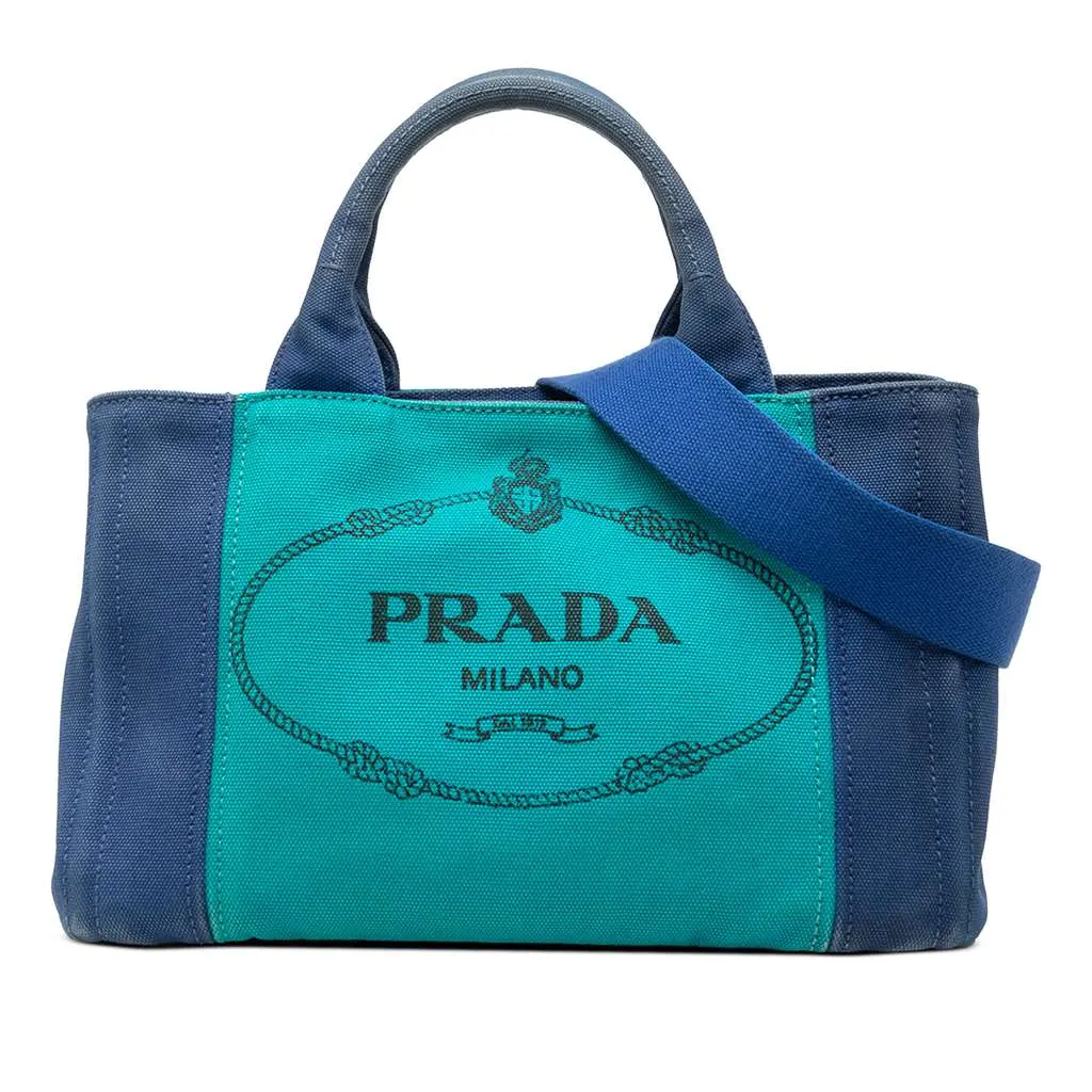 Prada Small Bicolor Canvas Canapa Logo Satchel Blue Canvas Very good - Front View