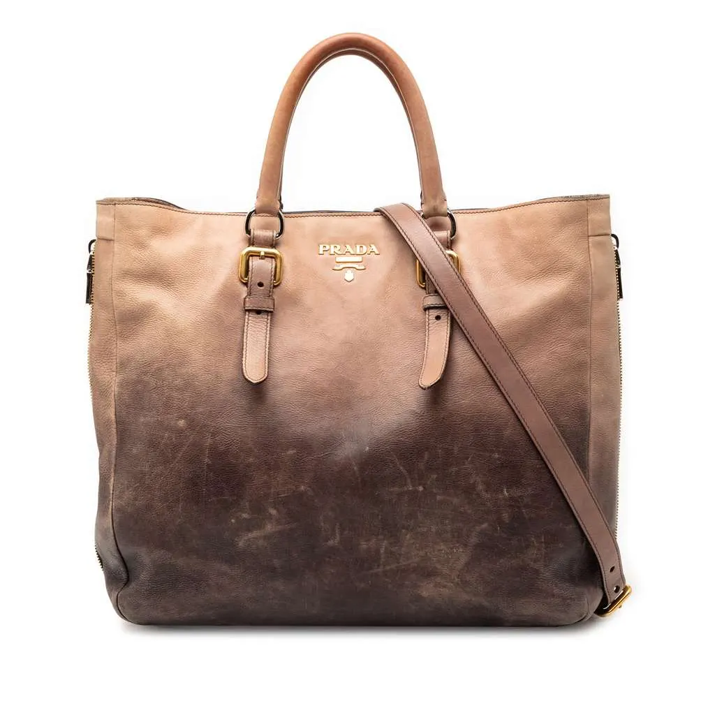 Prada Ombre Vitello Daino Side Zip Convertible Tote Brown Leather Very good - Front View