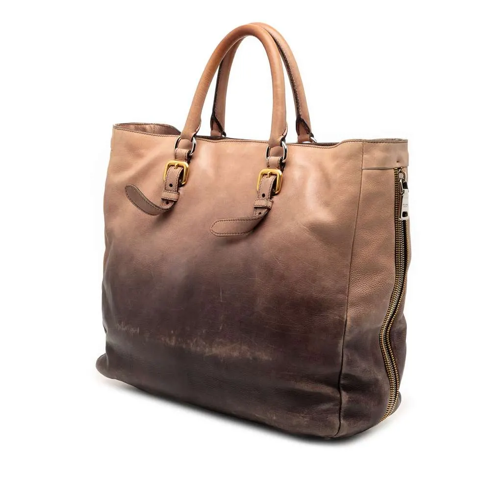 Prada Ombre Vitello Daino Side Zip Convertible Tote Brown Leather Very good - Back View