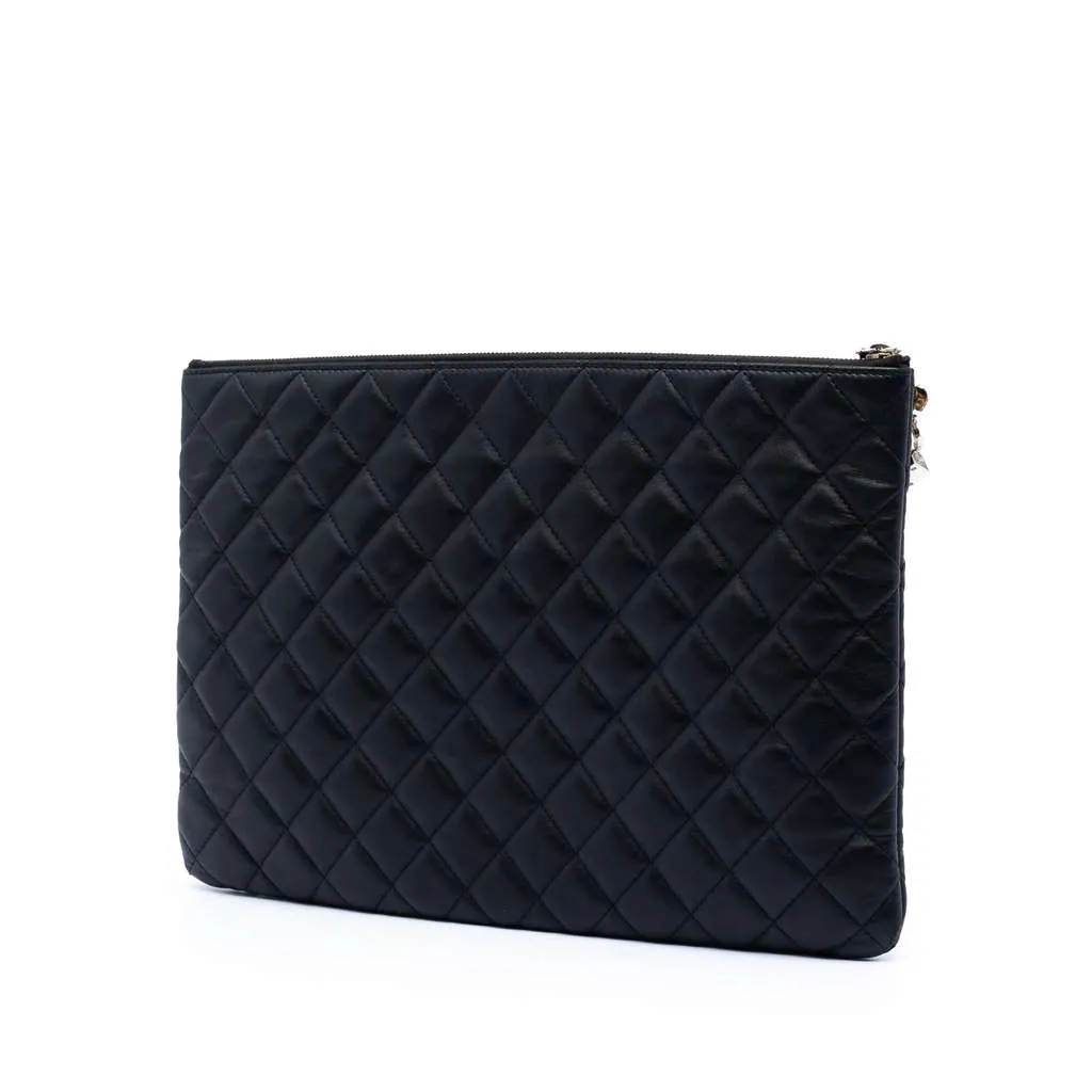 Chanel Large Quilted Lambskin Casino Charms O Case Clutch Black Leather Very good - Back View