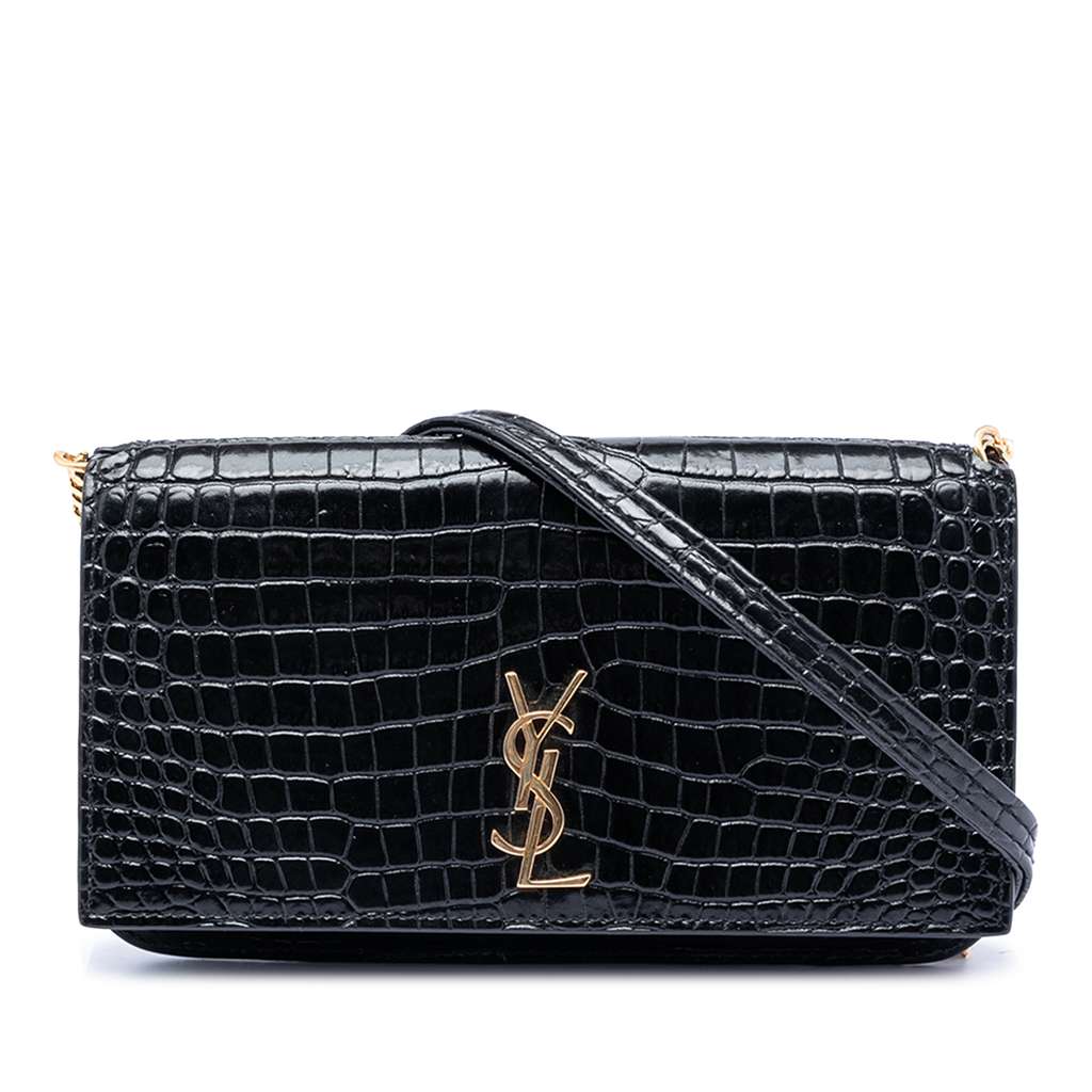 Saint Laurent Croc Embossed Leather Cassandre Phone Holder