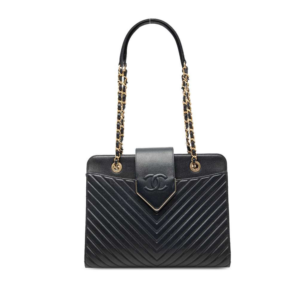 Chanel حقيبة يد من جلد العجل بنقشة شيفرون مع ياقة وربطة