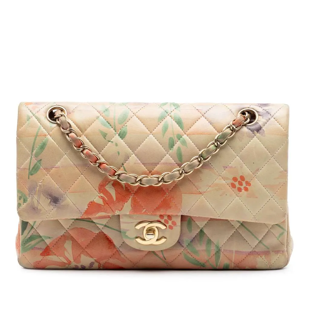 Chanel Medium Classic Lambskin Floral Double Flap Beige Leather Very good - Front View