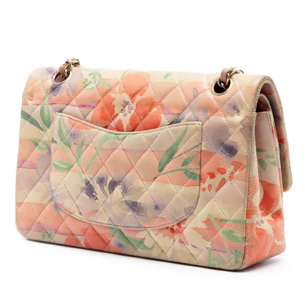 Chanel Medium Classic Lambskin Floral Double Flap Beige Leather Very good - Back View