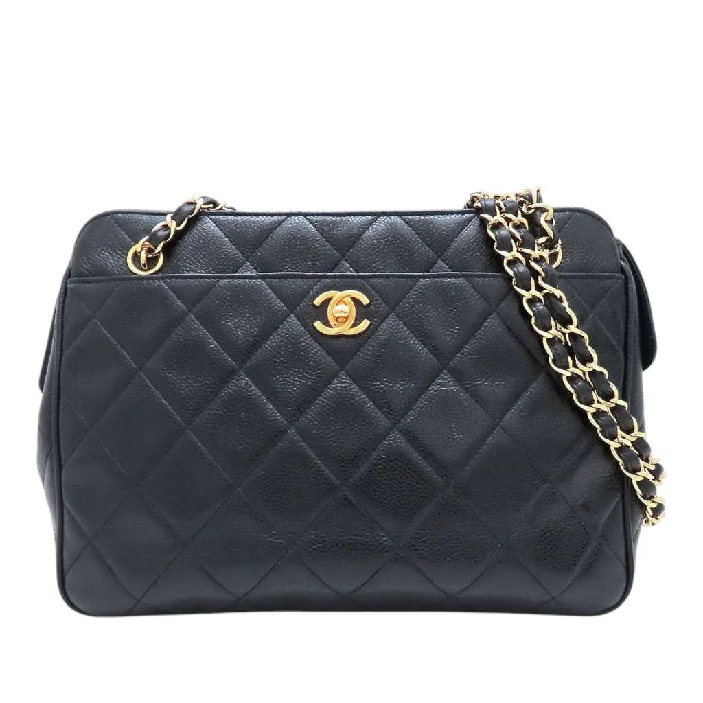Chanel CC Quilted Caviar Front Pocket Shoulder Bag Black Leather Very good - Front View