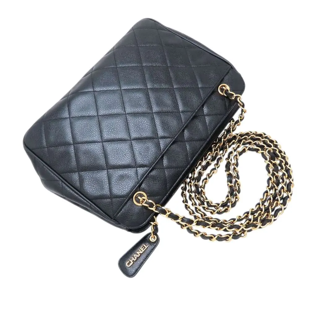 Chanel CC Quilted Caviar Front Pocket Shoulder Bag Black Leather Very good - Back View