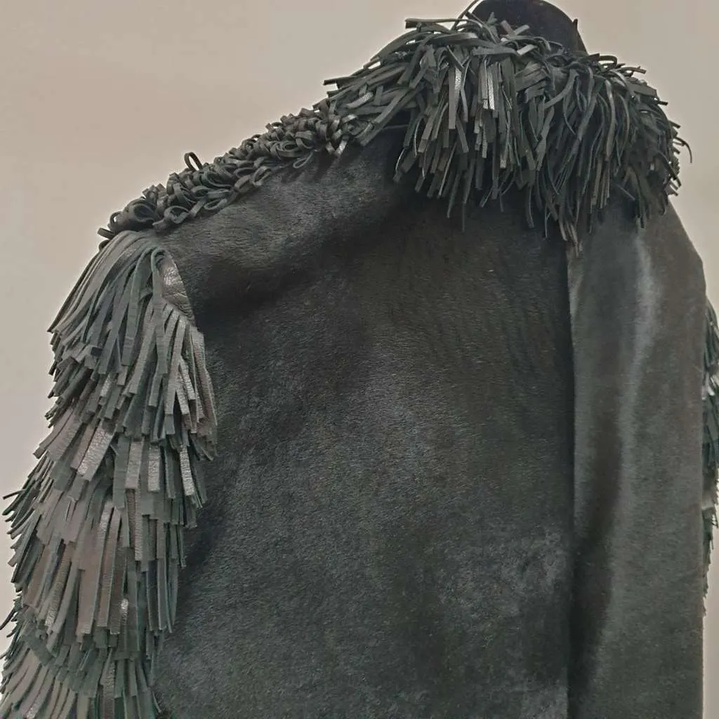 Fendi Fringe and Loops Coat Black Leather Very good - Model View