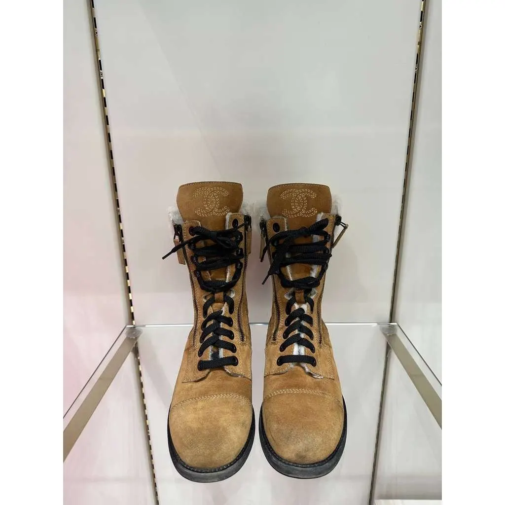 Chanel 2012 Mid Calf Combat Boots Brown Suede Very good - Back View