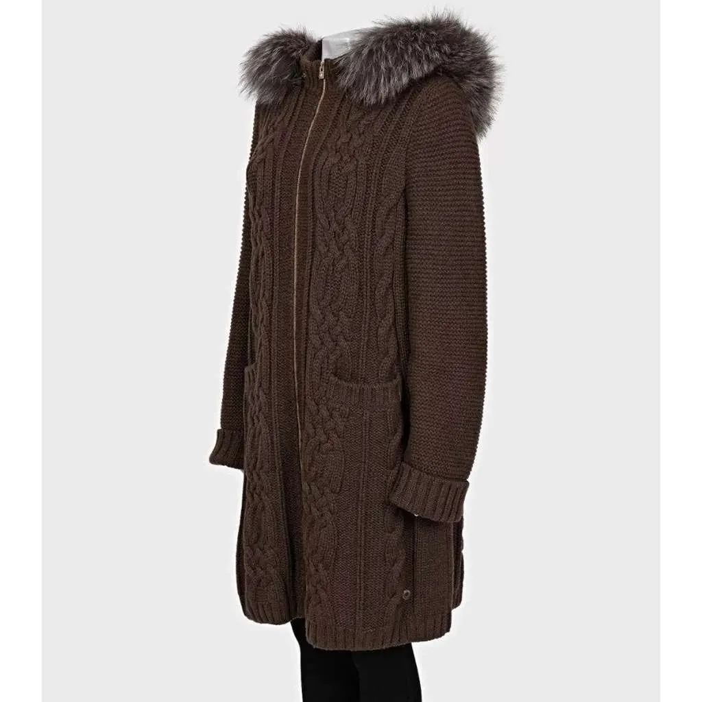 Loro Piana Hooded Trim Cardigan Coat Brown Leather Very good - Back View