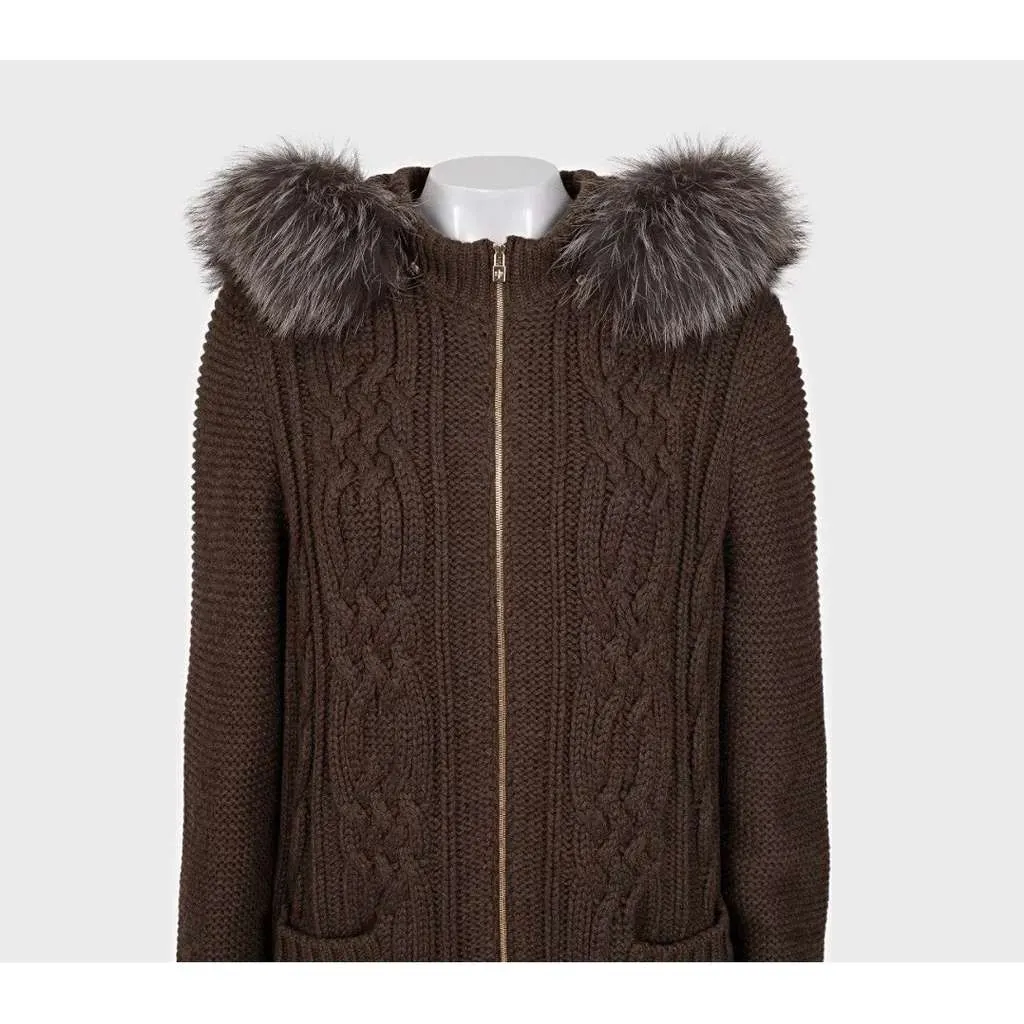 Loro Piana Hooded Trim Cardigan Coat Brown Leather Very good - Model View