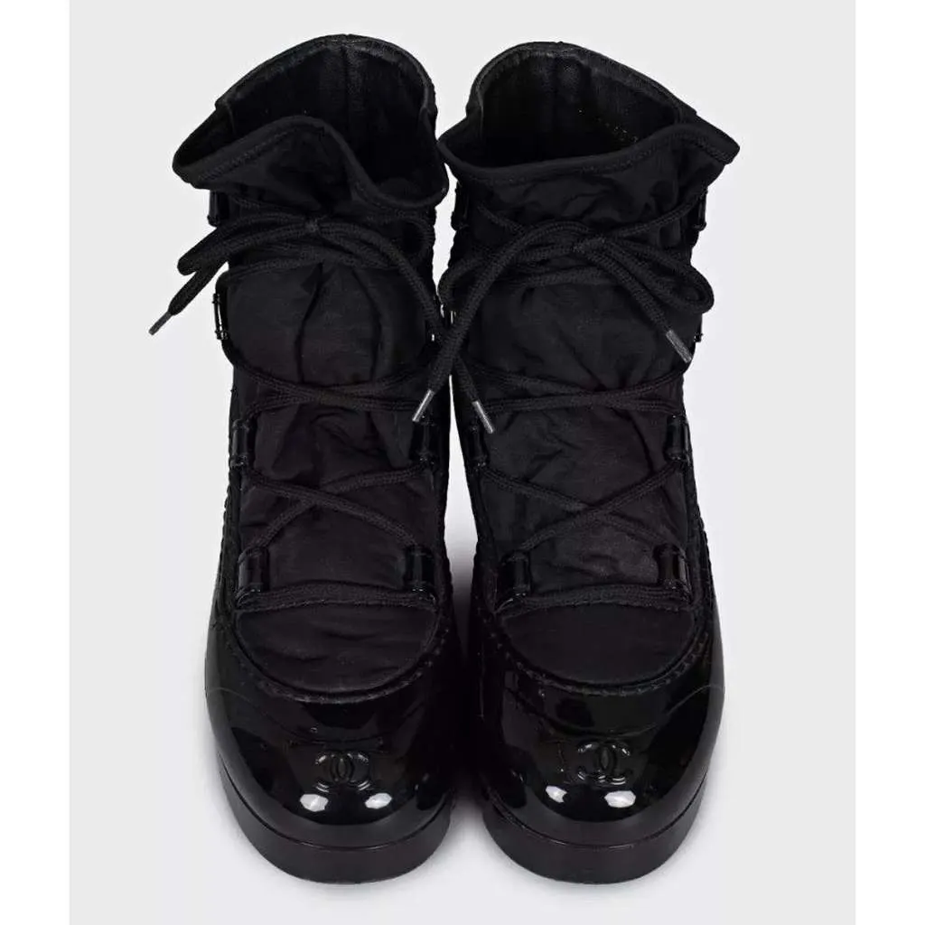 Chanel Lace Up Rubber Boots Black Lace Good - Back View