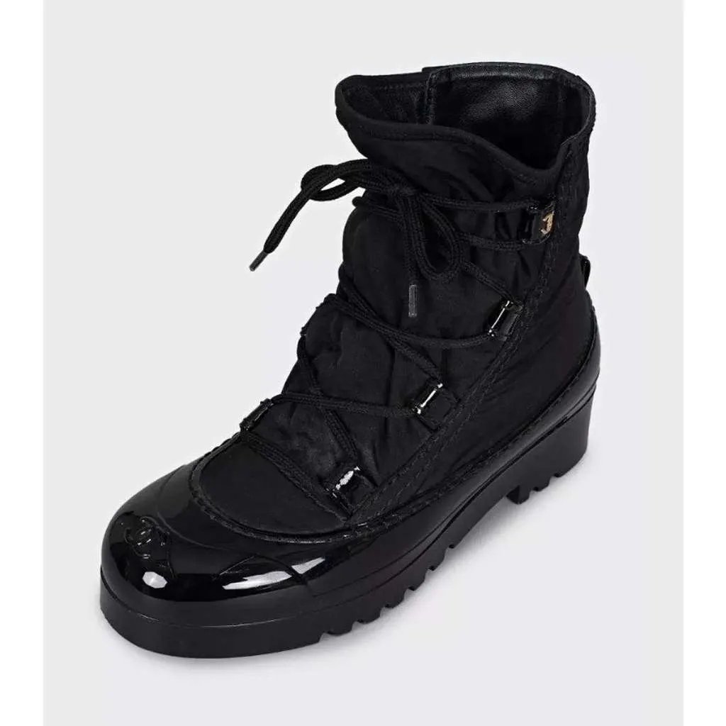 Chanel Lace Up Rubber Boots Black Lace Good - Inside View