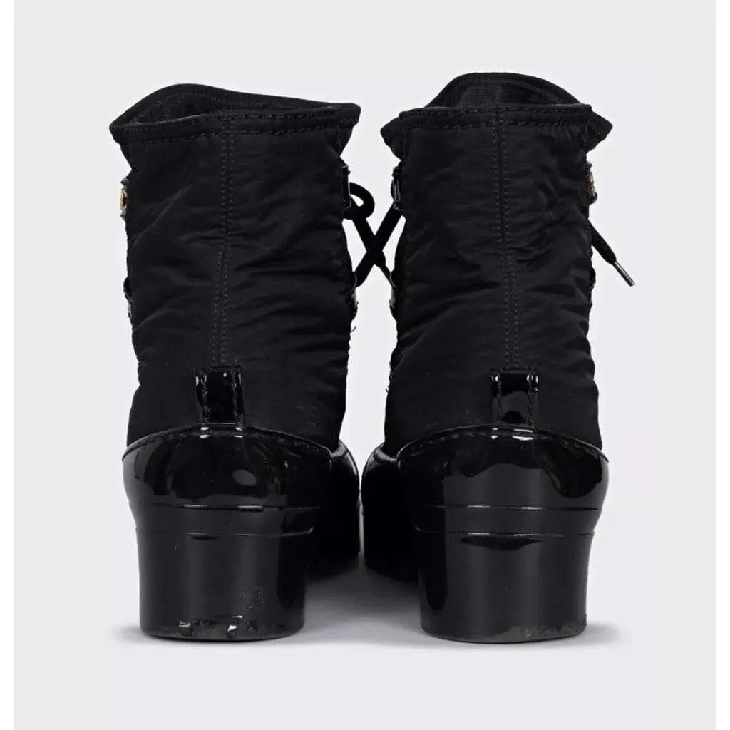 Chanel Lace Up Rubber Boots Black Lace Good - Model View