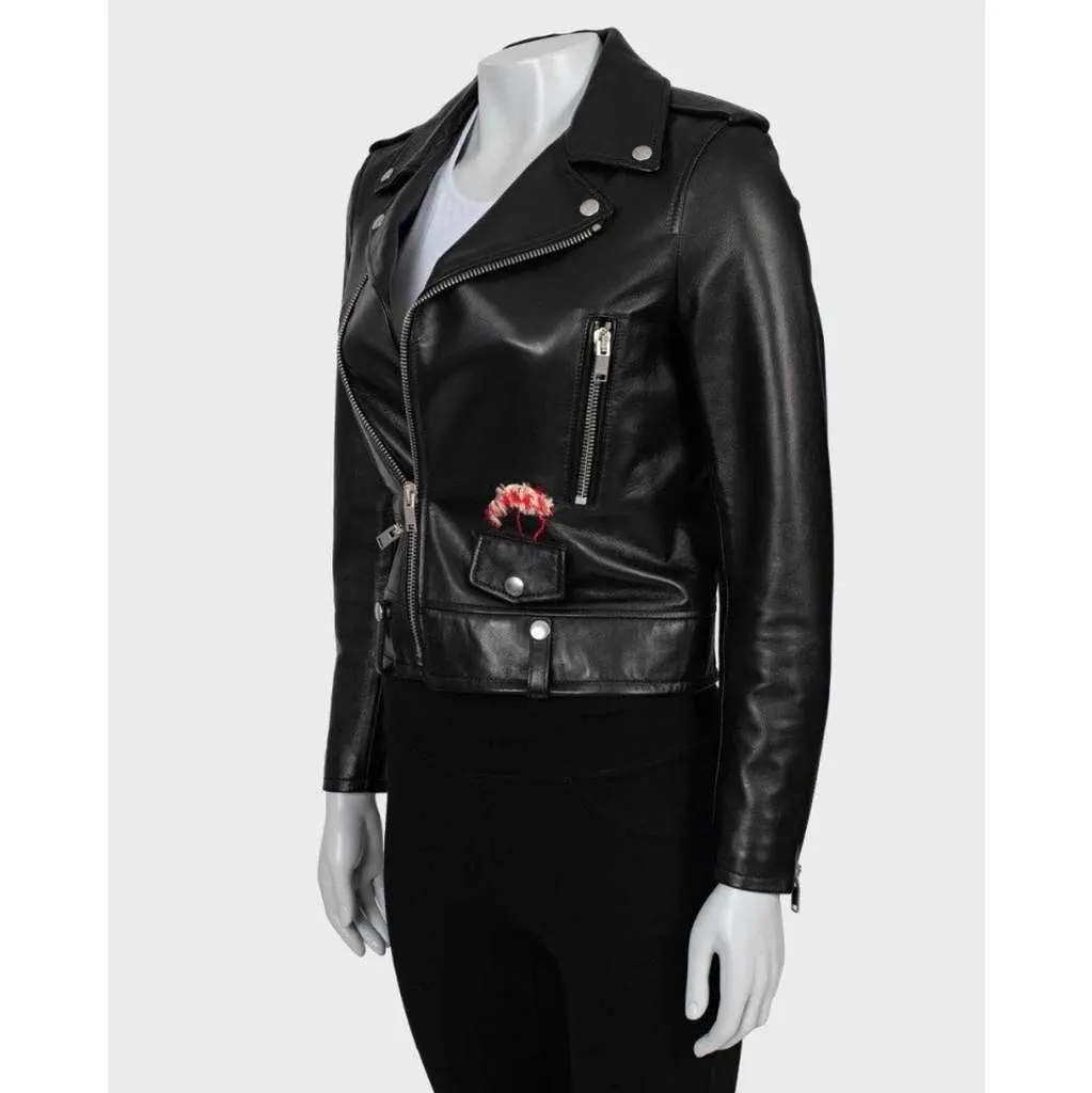Saint Laurent Cropped Embroidered Jacket Red Leather Good - Back View