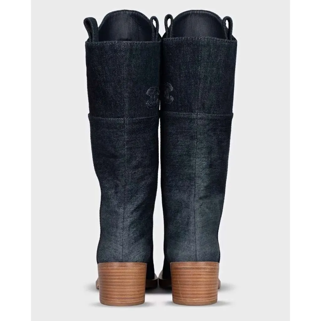 Chanel Logo Boots Ankle Booties Blue Leather Very good - Model View