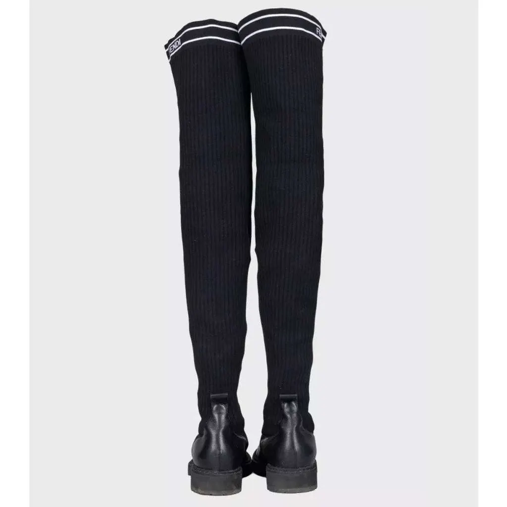 Fendi Over the Knee Boots Black Leather Good - Model View