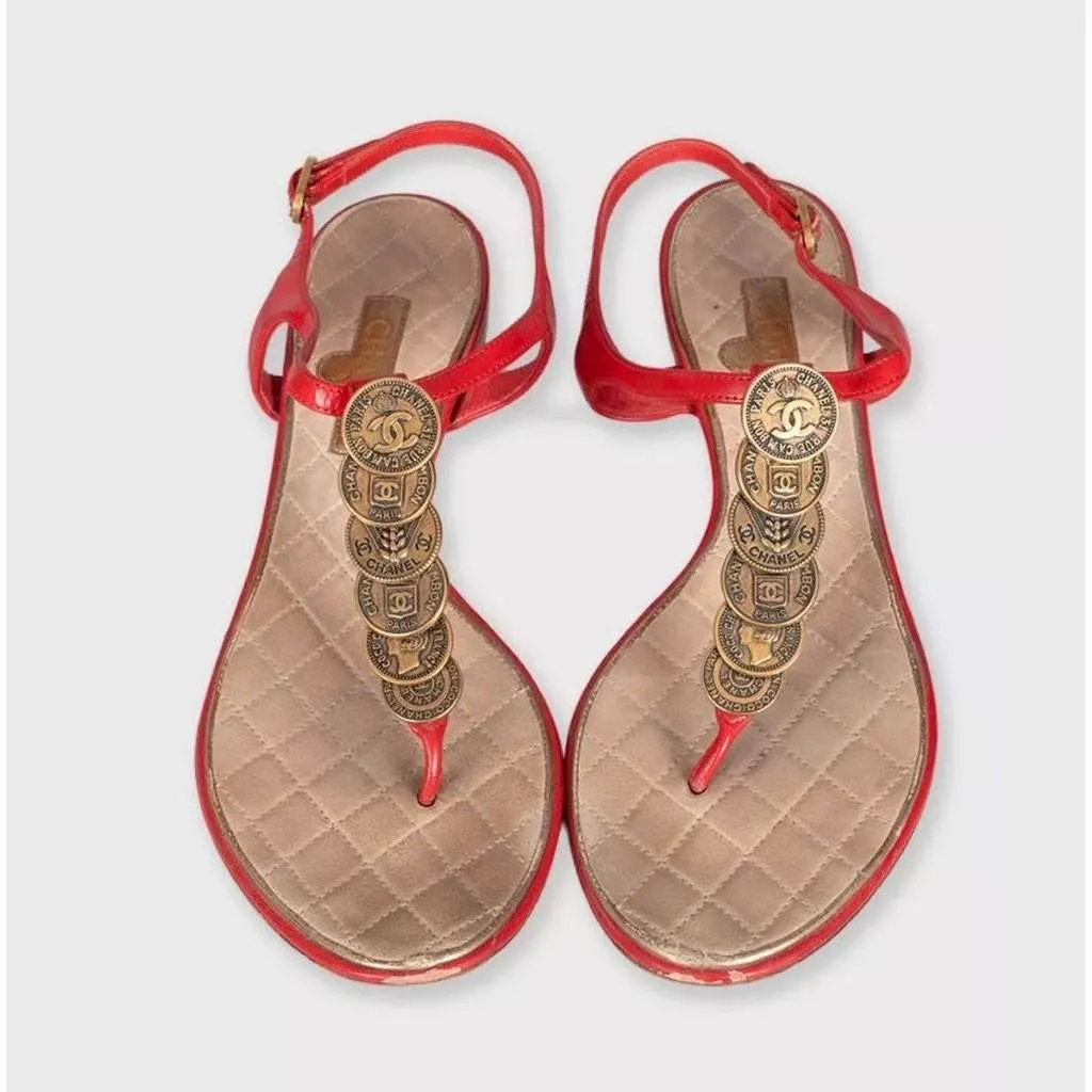 Chanel Block Heel Open Toe Sandals Red Leather Very good - Back View