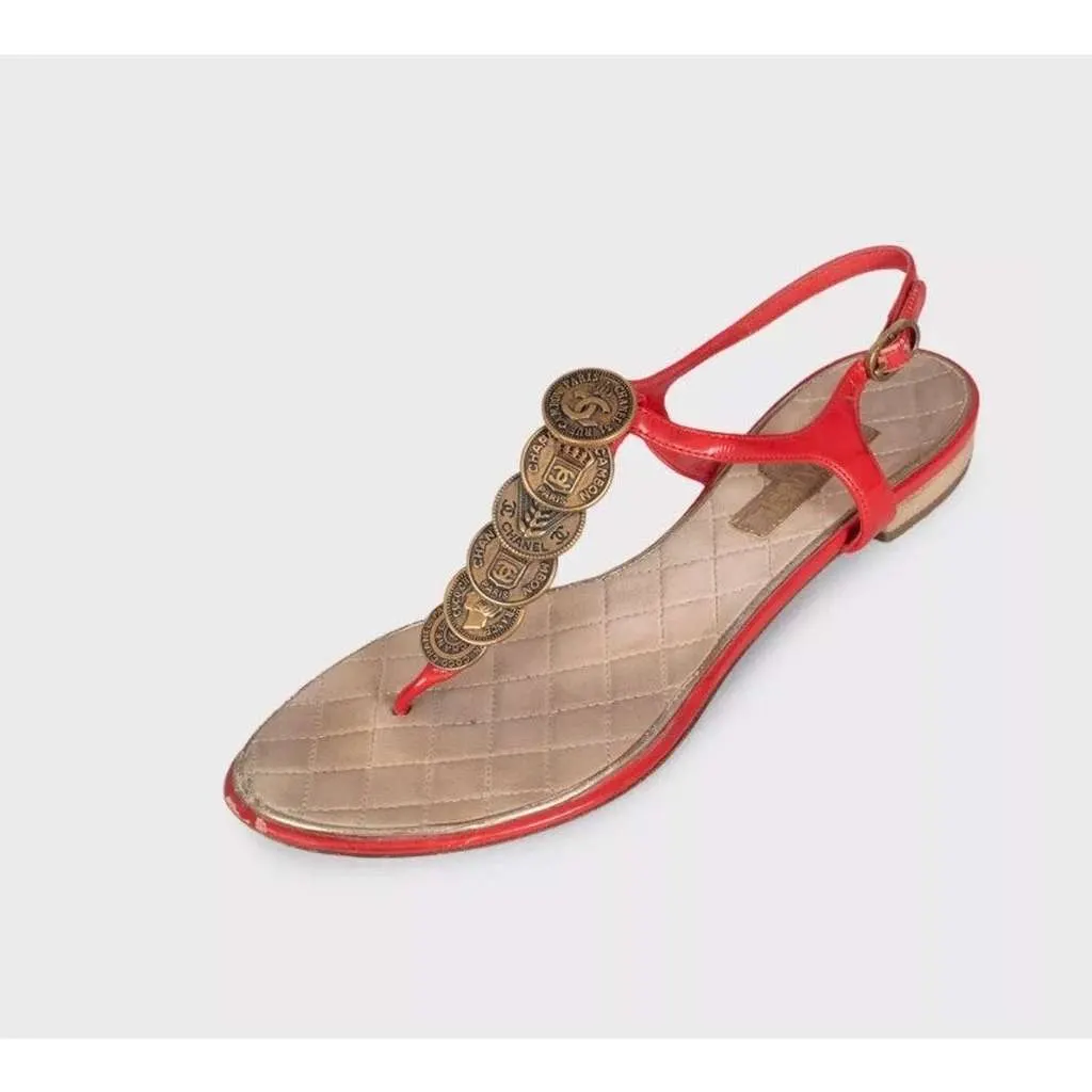 Chanel Block Heel Open Toe Sandals Red Leather Very good - Inside View