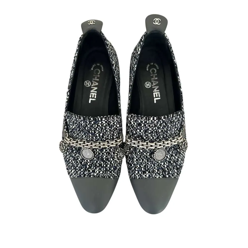 Chanel Chain Cap Toe Loafers Black Tweed Very good - Inside View