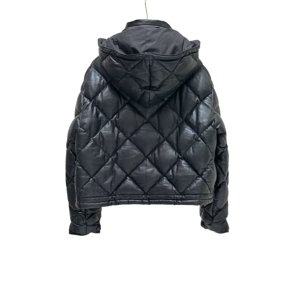 Saint Laurent Hooded Lambskin Down Jacket Black Leather Very good - Back View