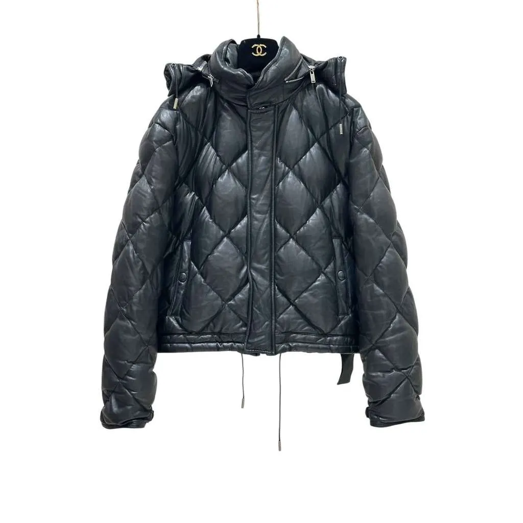 Saint Laurent Hooded Lambskin Down Jacket Black Leather Very good - Inside View