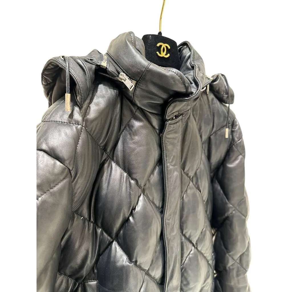 Saint Laurent Hooded Lambskin Down Jacket Black Leather Very good - Model View