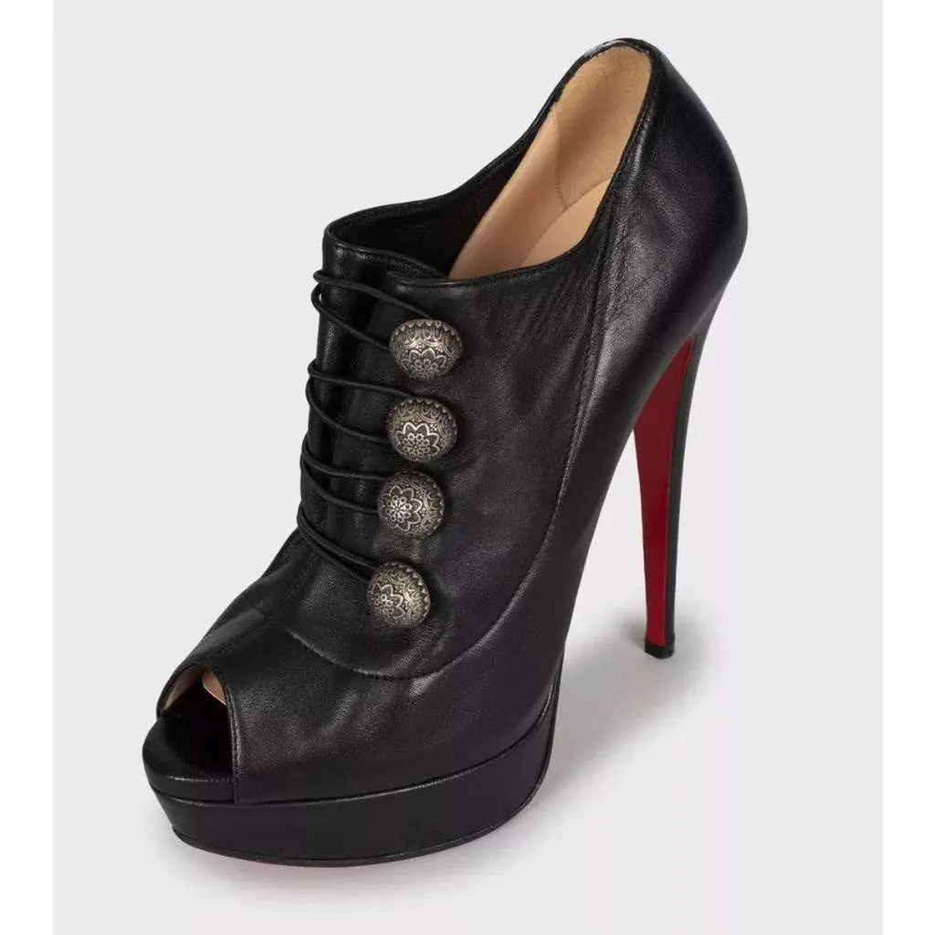 Christian Louboutin Open Toe Button Ankle Boots Black Leather Very good - Inside View