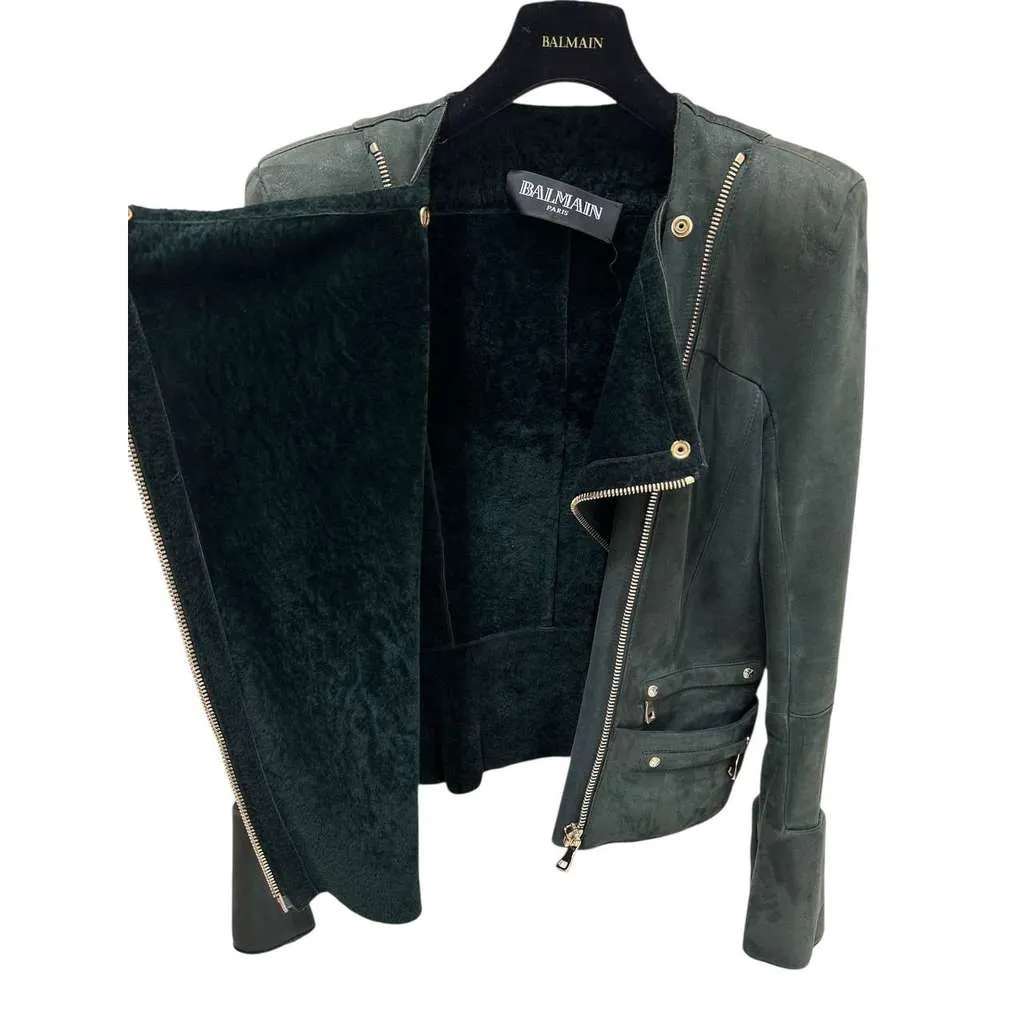 Balmain Biker Jacket Green Shearling Very good - Model View