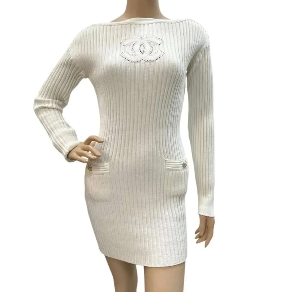 Chanel CC Logo Knited Dress Black Cotton Very good - Back View