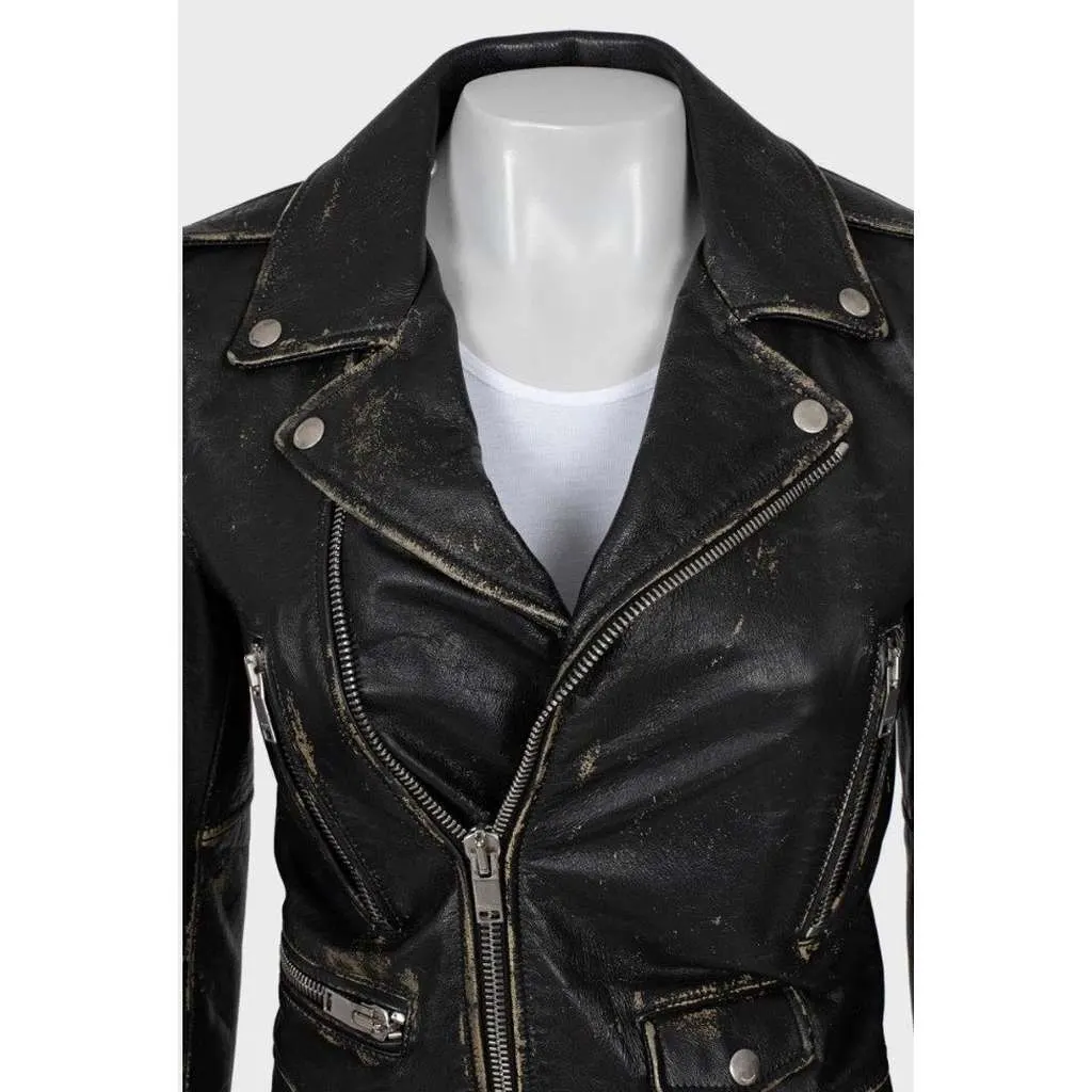 Saint Laurent Distressed Jacket Black Leather Very good - Model View