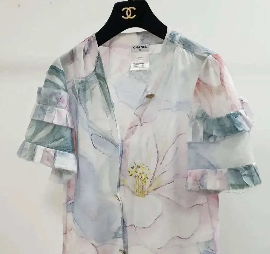 Chanel Floral Print Ruffle Blouse MultiColor Cotton Very good - Back View