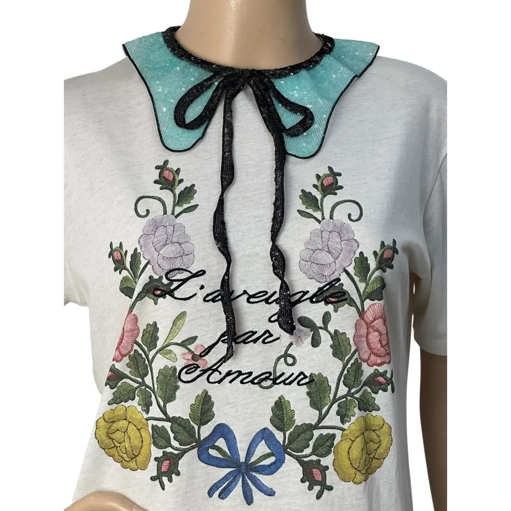 Gucci Embroidery Sequin Collar T shirt Black Cotton Very good - Inside View