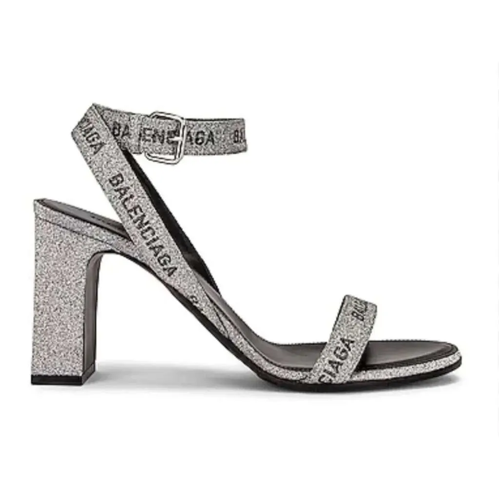 Balenciaga Round Glitter Logo Sandals Black Leather Good - Back View