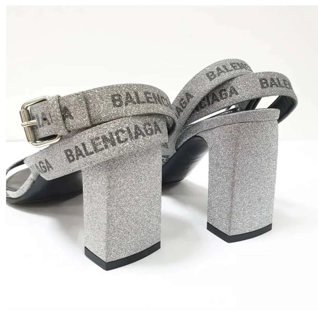 Balenciaga Round Glitter Logo Sandals Black Leather Good - Inside View