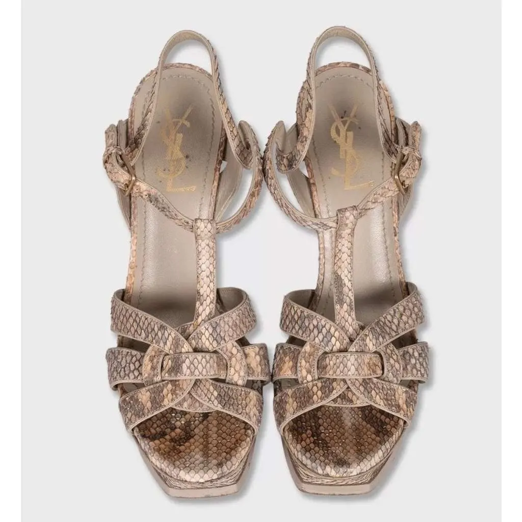 Saint Laurent Animal Print Block Heel Sandals Black Leather Good - Back View