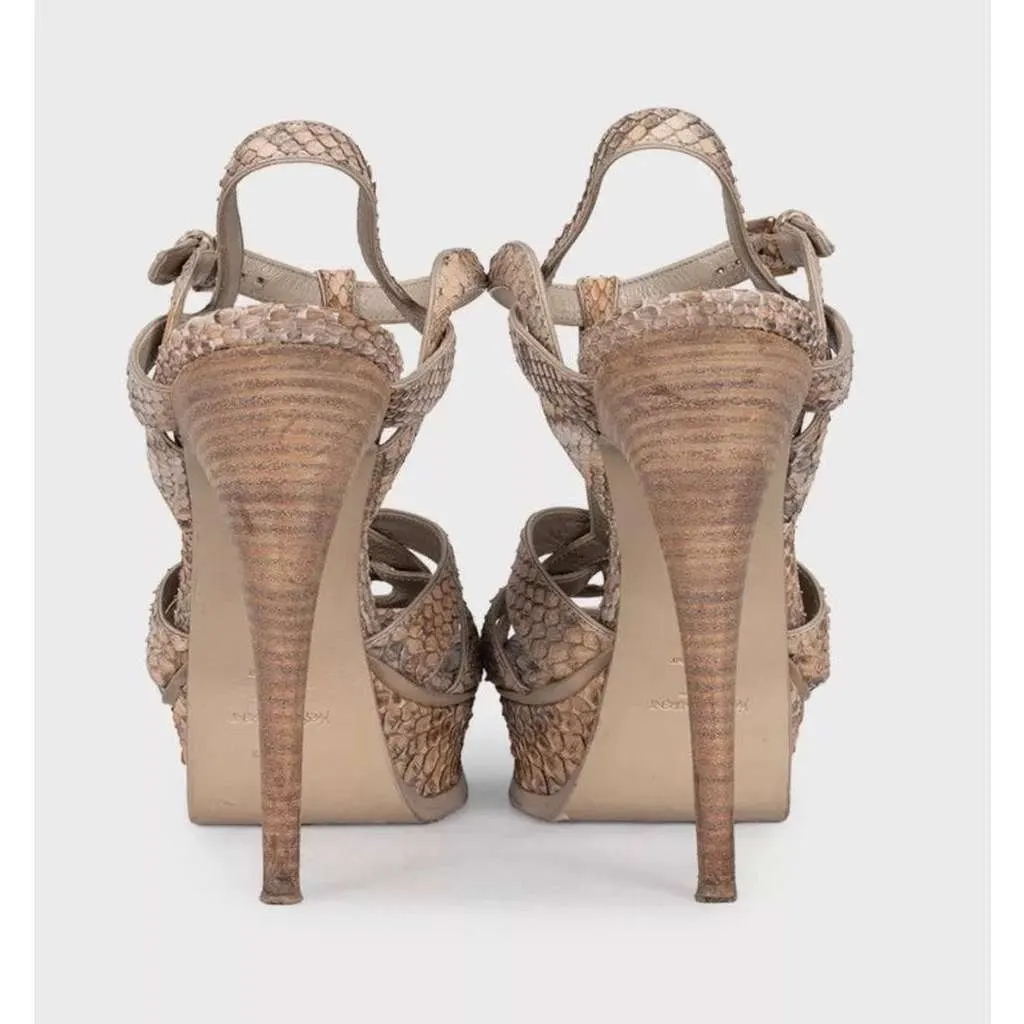 Saint Laurent Animal Print Block Heel Sandals Black Leather Good - Model View