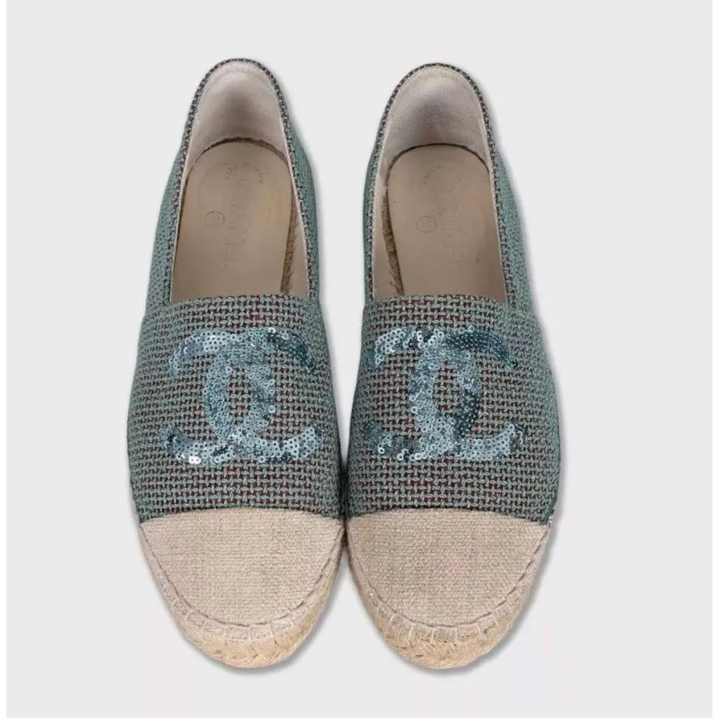 Chanel Sequin Embellished Espadrilles Green Leather Very good - Back View