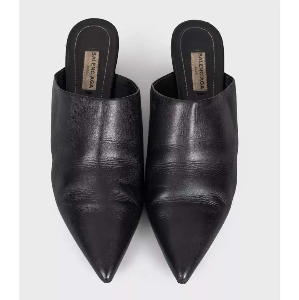 Balenciaga Pointed Toe Mules Black Leather Good - Back View