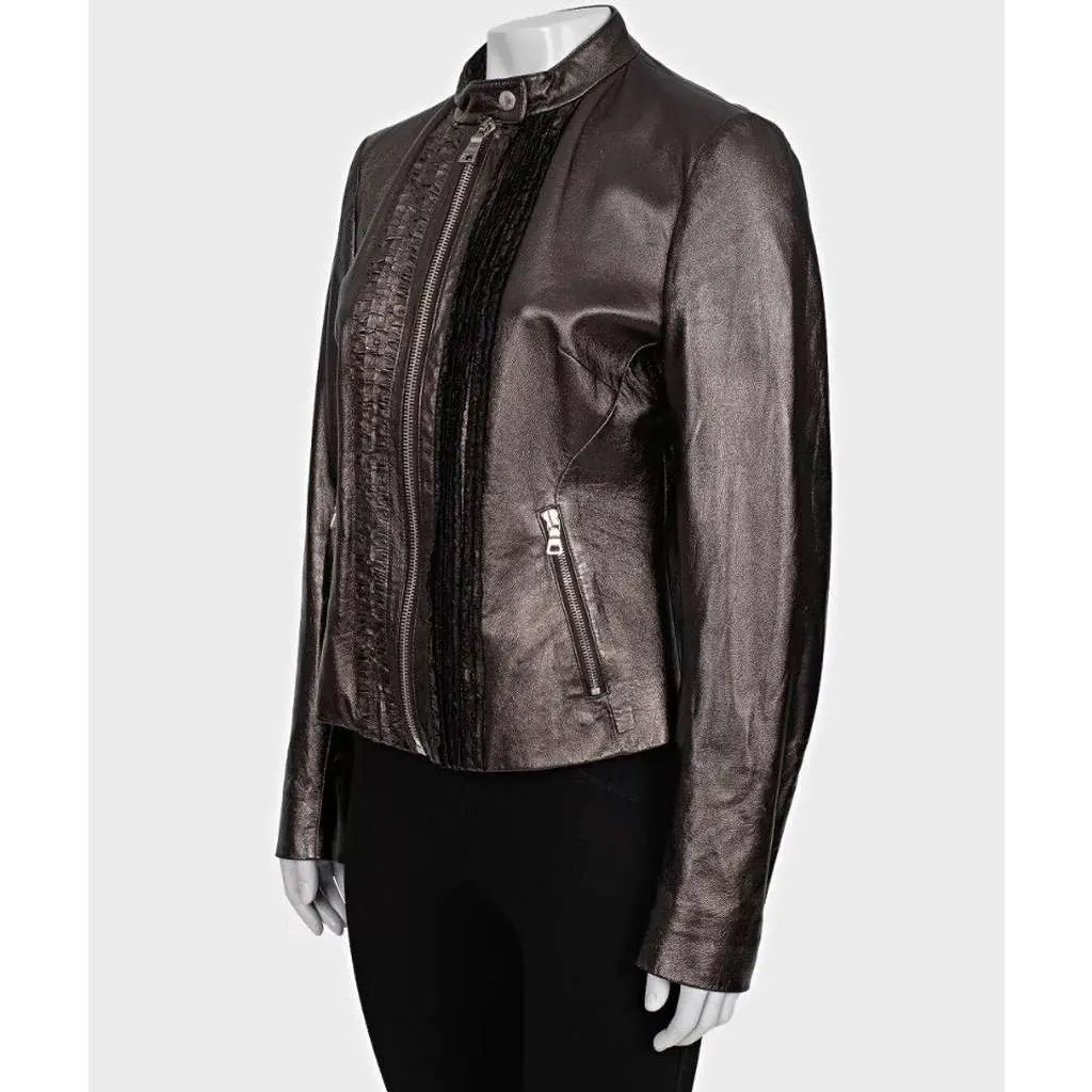Prada Ruffle Jacket Brown Leather Very good - Back View