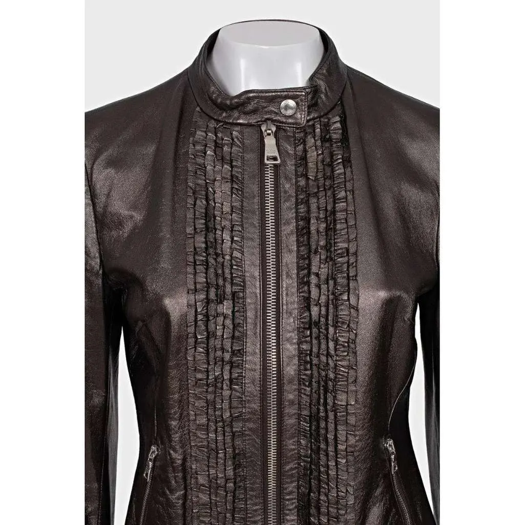 Prada Ruffle Jacket Brown Leather Very good - Model View