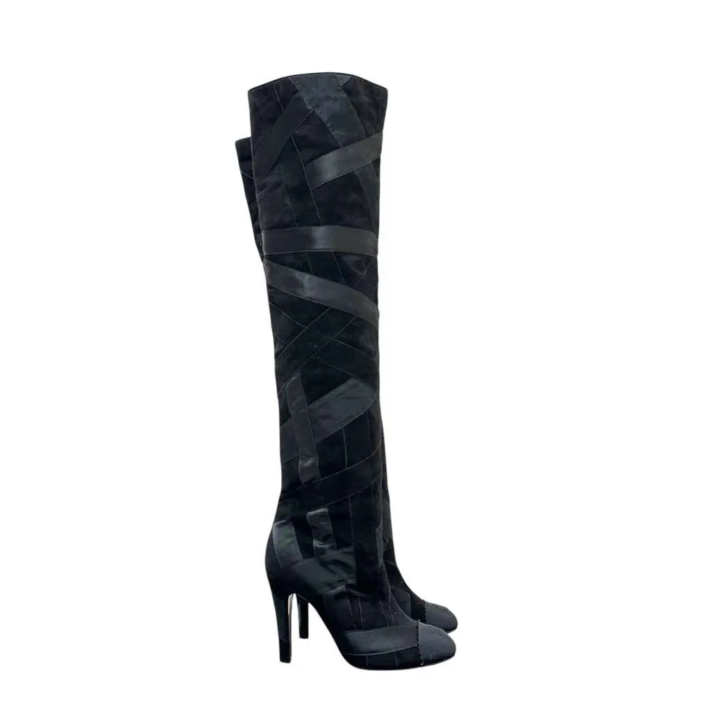 Chanel Ribbon Patchwork Over Knee Boots Black Suede Very good - Back View