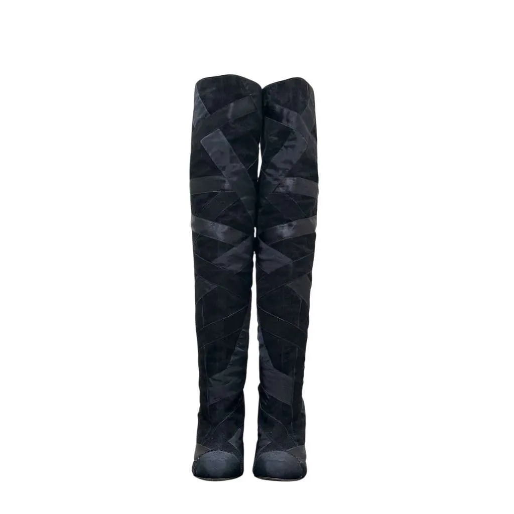 Chanel Ribbon Patchwork Over Knee Boots Black Suede Very good - Inside View