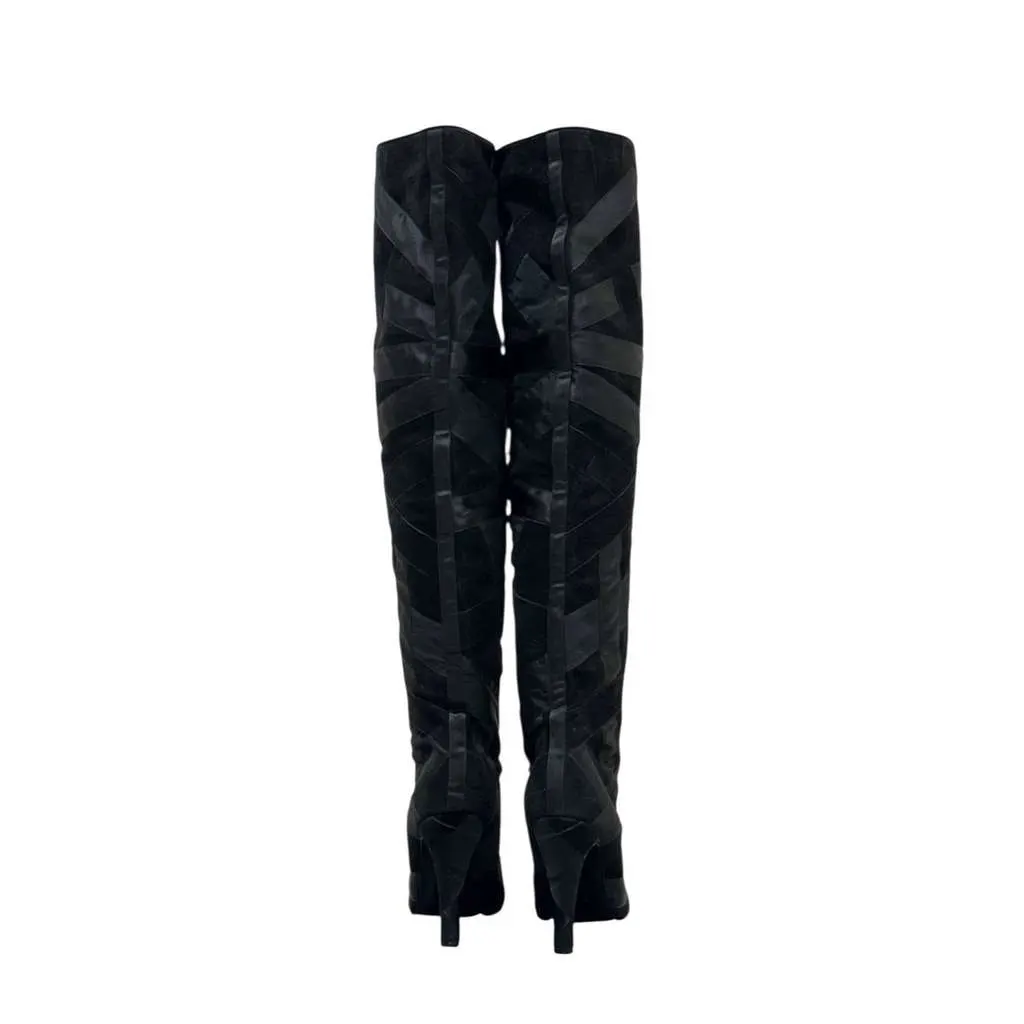 Chanel Ribbon Patchwork Over Knee Boots Black Suede Very good - Model View