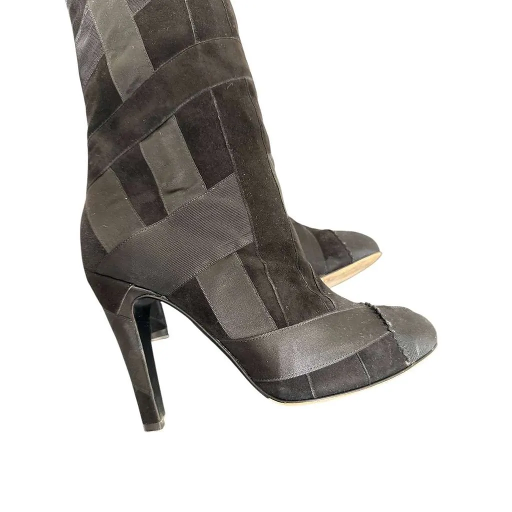 Chanel Ribbon Patchwork Over Knee Boots Black Suede Very good - Box View