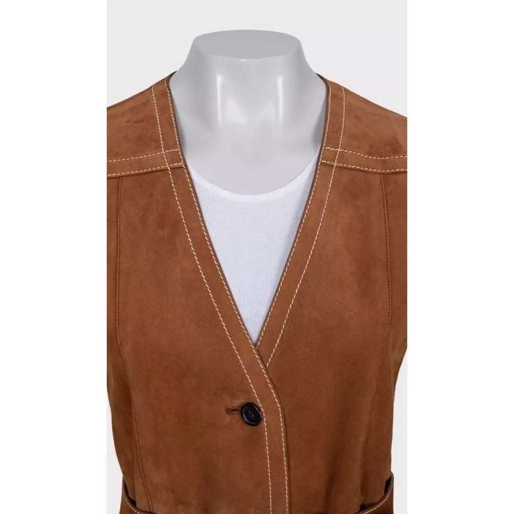 Prada Lambskin Long Vest with Belt Red Leather Very good - Model View