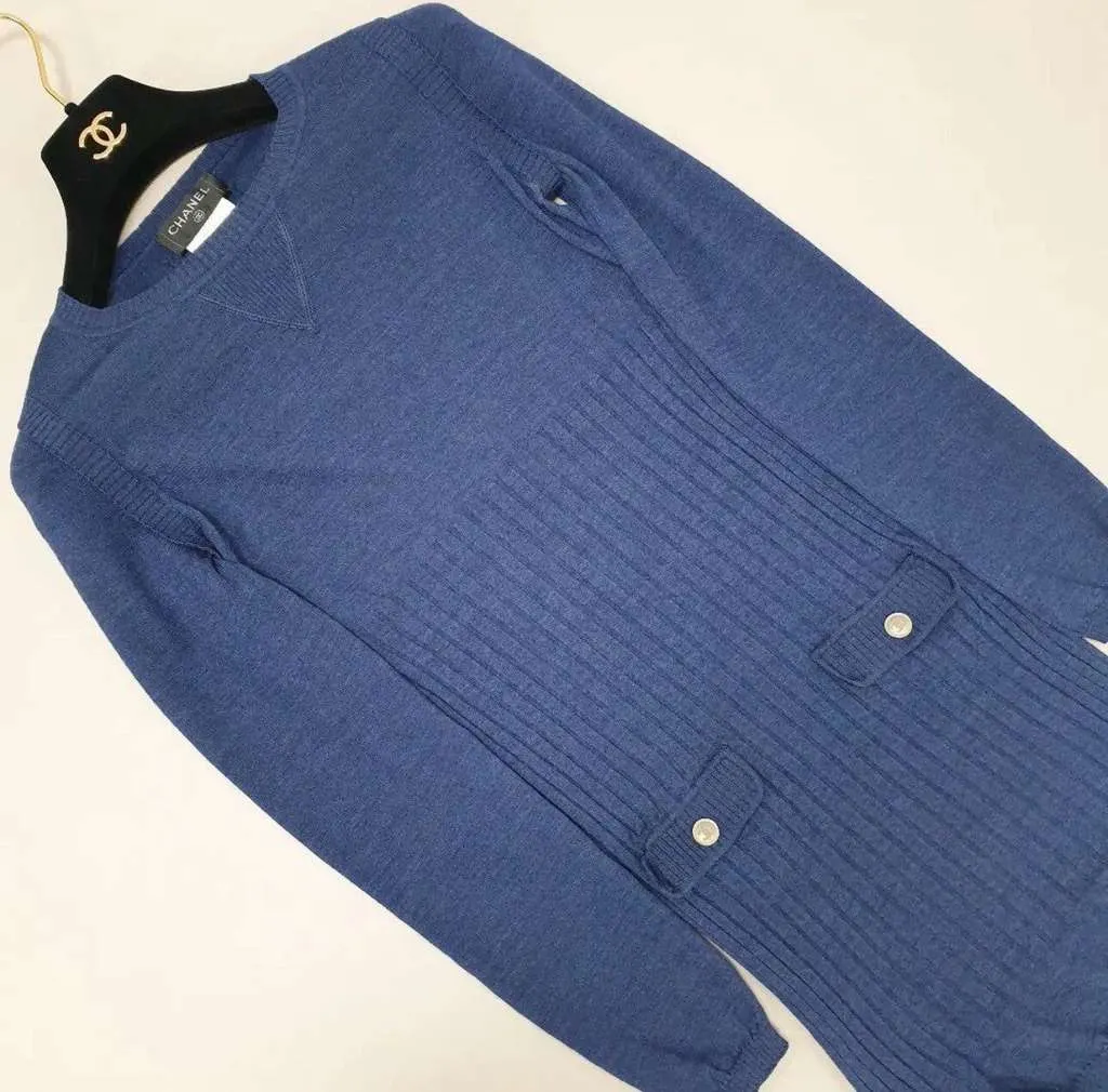 Chanel Long Sleeve Knit Dress Navy Cotton Very good - Inside View