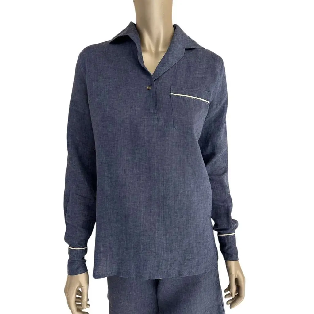 Loro Piana Shirt Shorts Set Blue Linen Very good - Model View