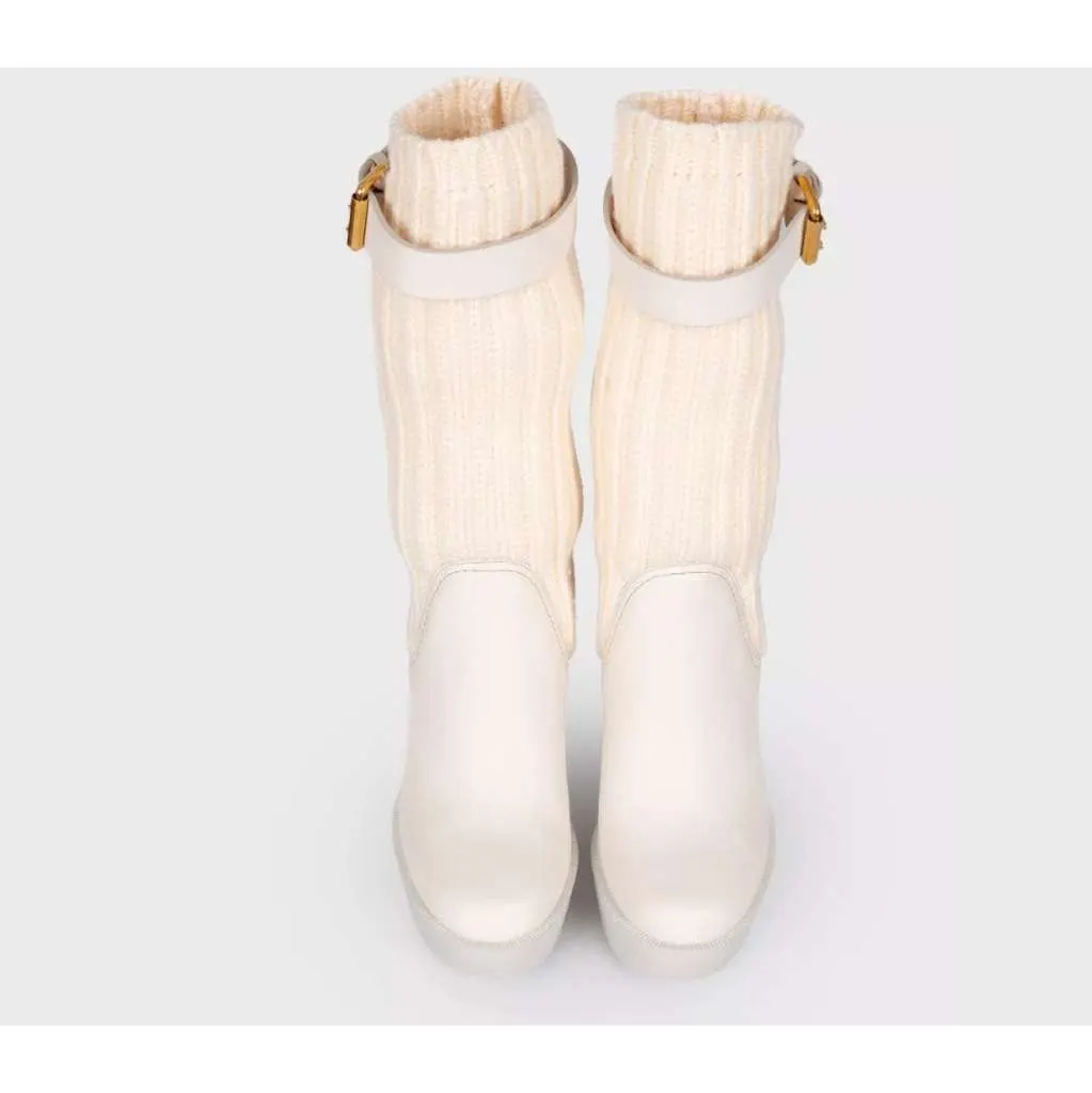 Gucci Fabric Buckle Wedge Sock Boots Beige Leather Very good - Back View
